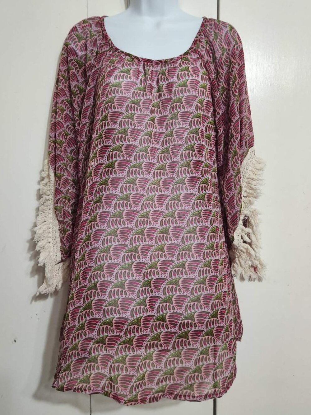 Avani Del Amour Tunic Top Dress Womens Med Pink Green Sheer Boho Fringe Sleeve